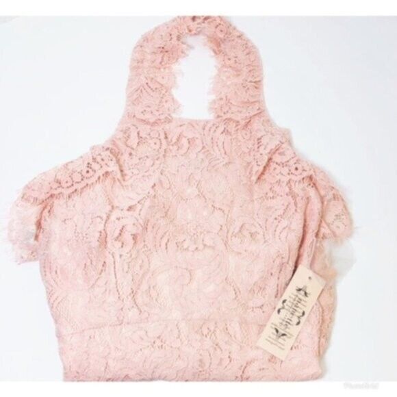 NWT NANETTE LEPORE Plus Sz 16 LACE HALTER MIDI DRESS RUFFLE NECK BLUSH PINK - Picture 5 of 6